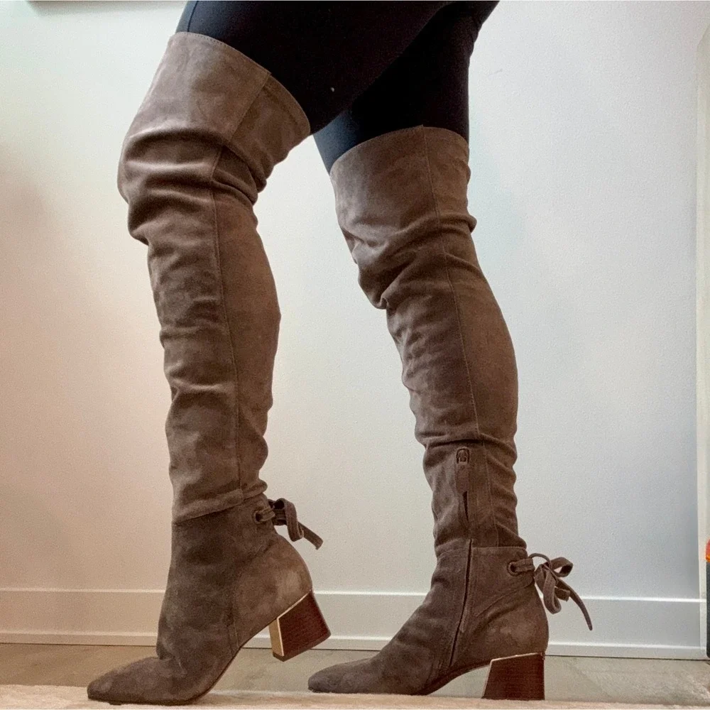 Tory Burch Laila Suede Over-The-Knee Boots Gray Suede Designer Logo Bows 8.5 EUC